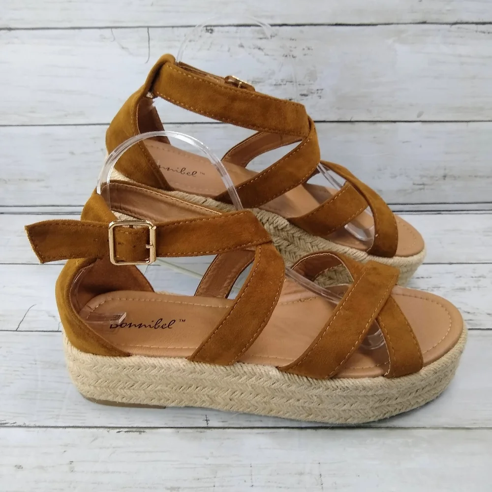 Bonnibel Wmns 10 Brown Suede Leather Platform Espadrille Ankle Strap Sandals